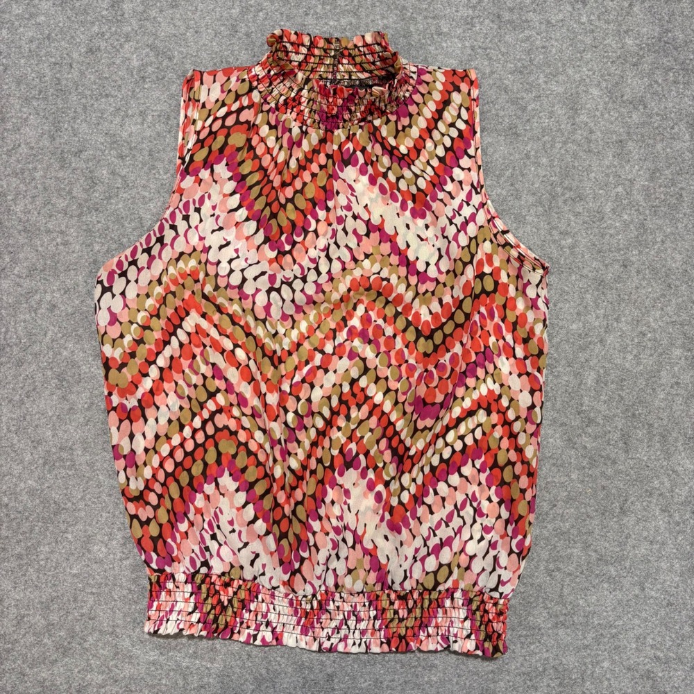Serenade New York Womens Mock Neck Smocked Blouse Pink Orange Dot Print Small‎